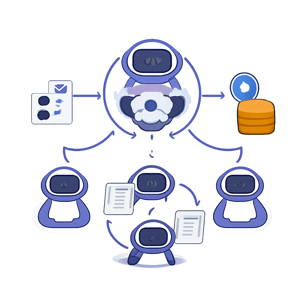 Ilustración técnica para: 13 agentes Claude: boss agent, ciclo de crítica y costes